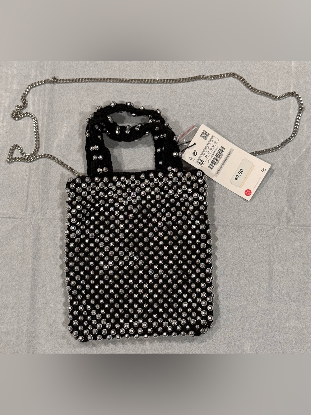 Zara NWT Black Crochet Metallic Bead Mini Tote Crossbody Bag with Spare Beads